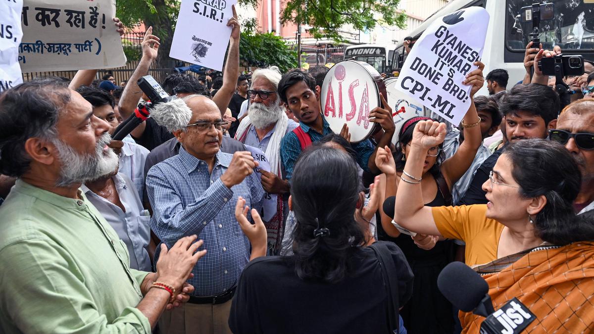 Demonstrators and political leaders gather in Delhi to protest against CEC Gyanesh Kumar, leading to multiple detentions by police.