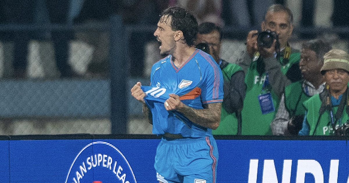 Ryan Williams celebrates after scoring India's equalising goal against Panama in their international friendly match.