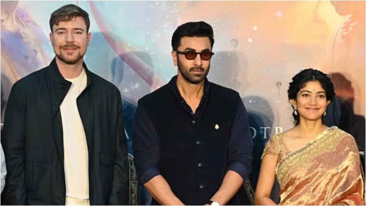 Bollywood actor Ranbir Kapoor and YouTube personality MrBeast pose together at a Ramayana-themed event in Mumbai.