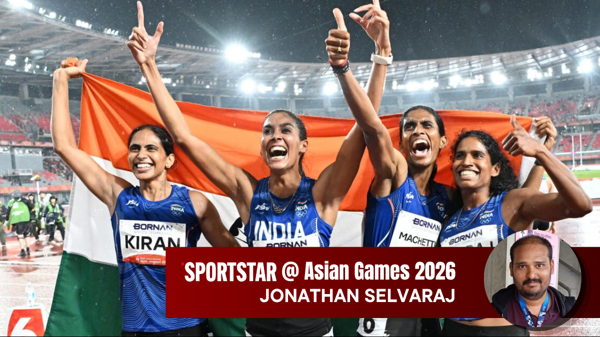 Facing strong competition, the Indian women's 4x400m relay quartet celebrates their historic victory at the Aichi-Nagoya Asian Games.