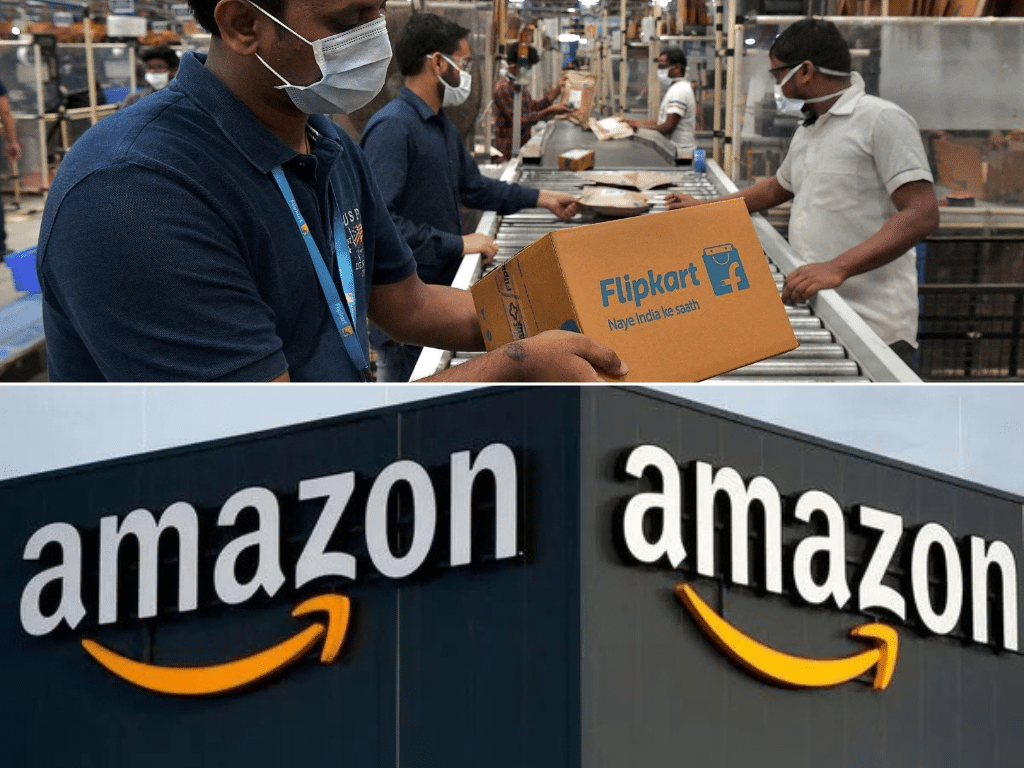 Logos of e-commerce platforms Amazon and Flipkart, which are reviewing unlicensed security camera listings in India.