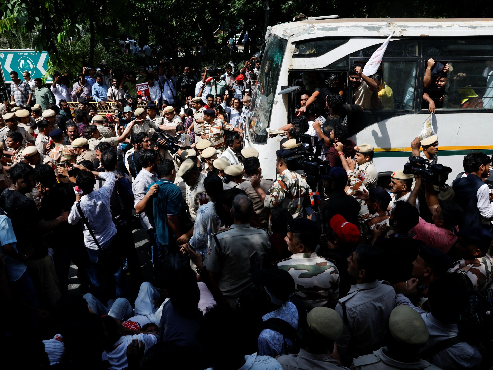 Demonstrators gather during protests demanding the resignation of India's Chief Election Commissioner.