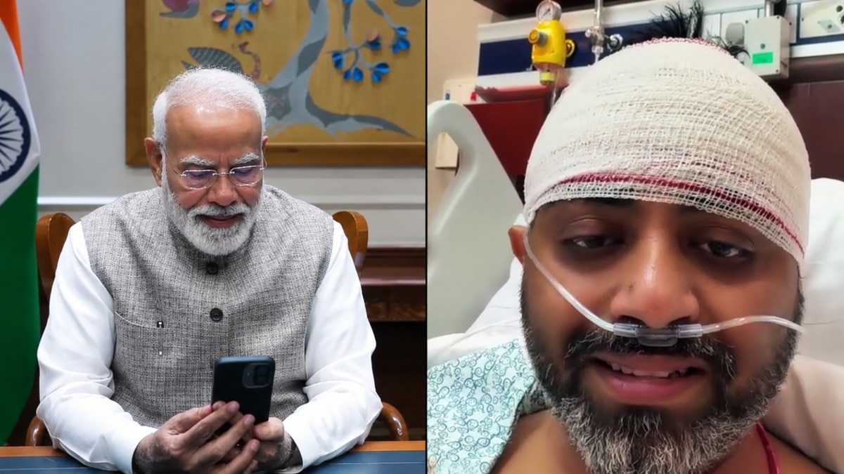 Prime Minister Narendra Modi speaks with flydubai survivor Smit Machchhar during a video call.