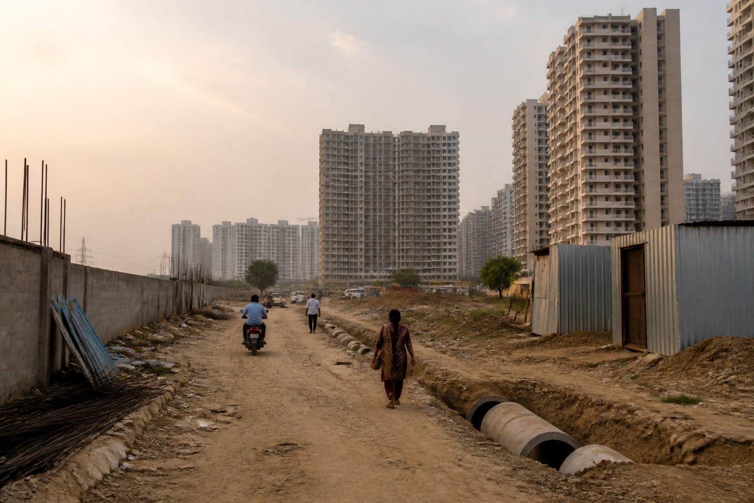 An unpaved road near residential high-rises in Gurugram, where the Haryana government is acquiring land to construct missing master plan roads.
