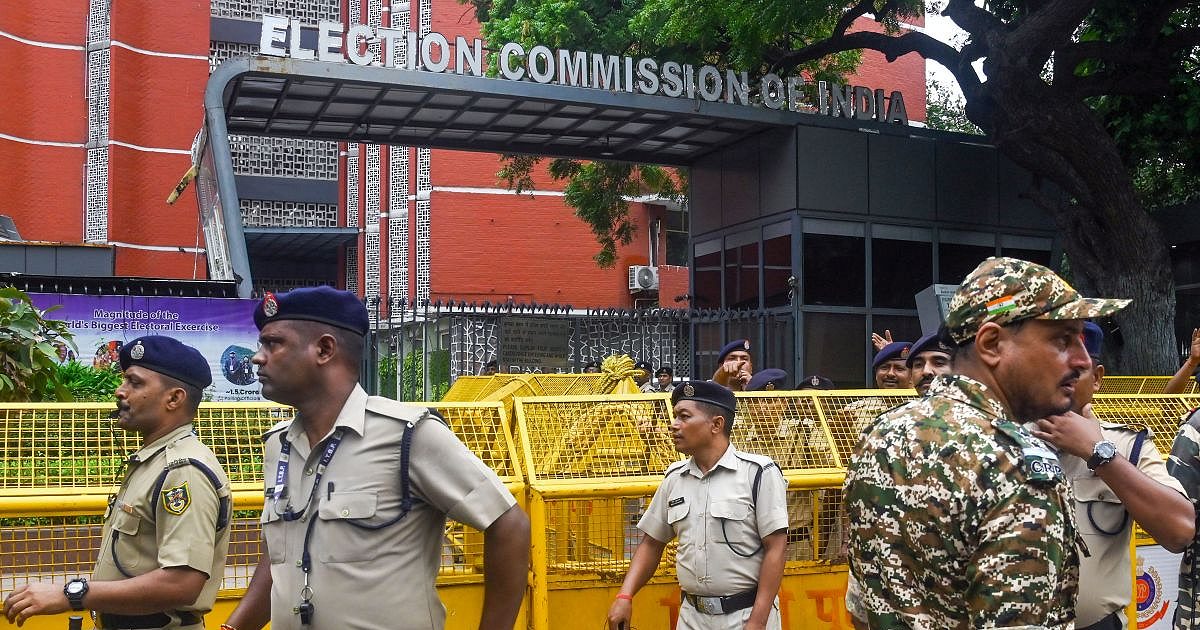 Security personnel outside the Election Commission headquarters, whose directive regarding a voter declaration is being challenged in court.