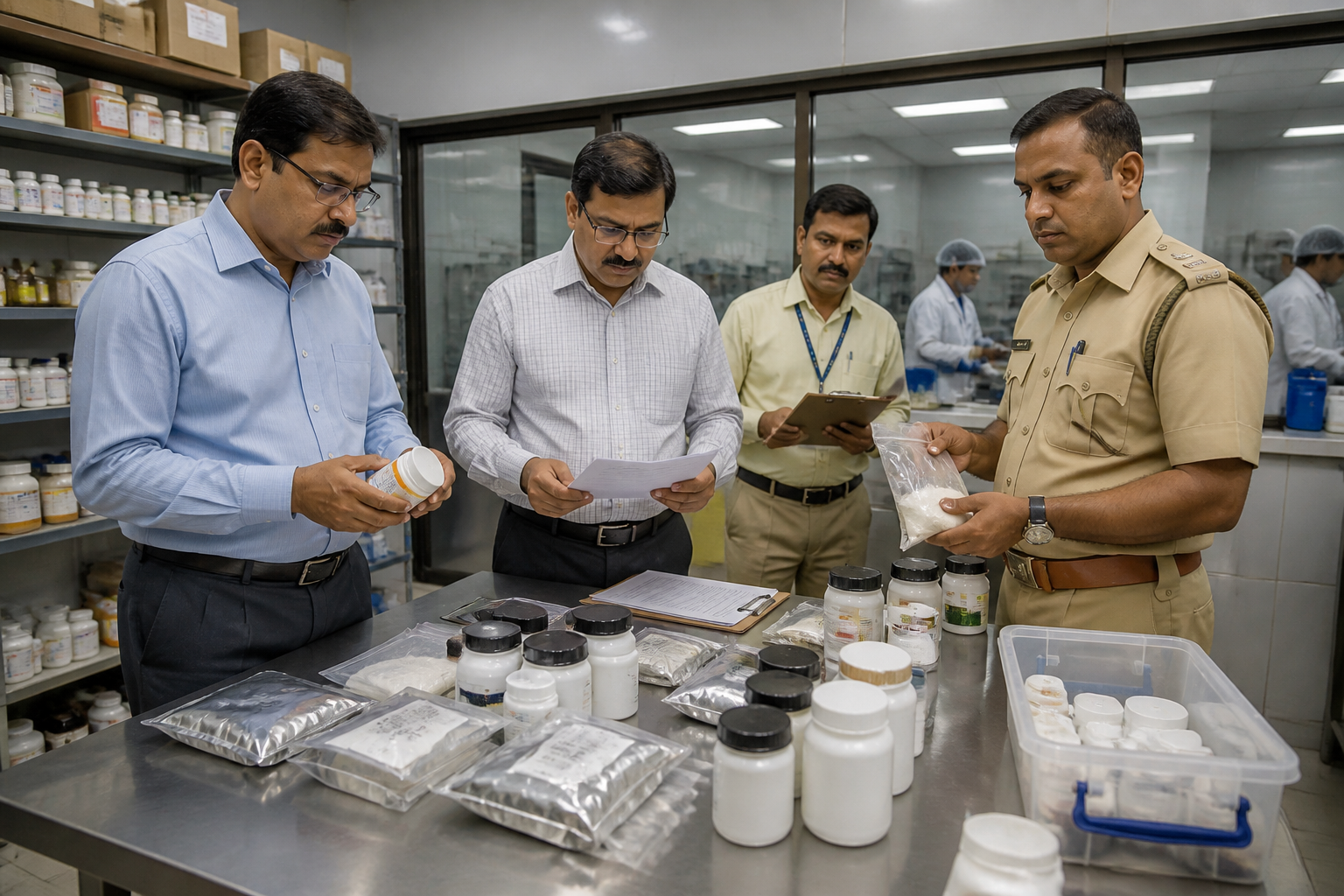 FDA officials inspect health supplement products and packages during a raid.